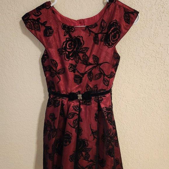 Jona Michelle Floral Dress size 12 Polyester Wide Strap Velvet Flocked Red Black - Picture 2 of 6